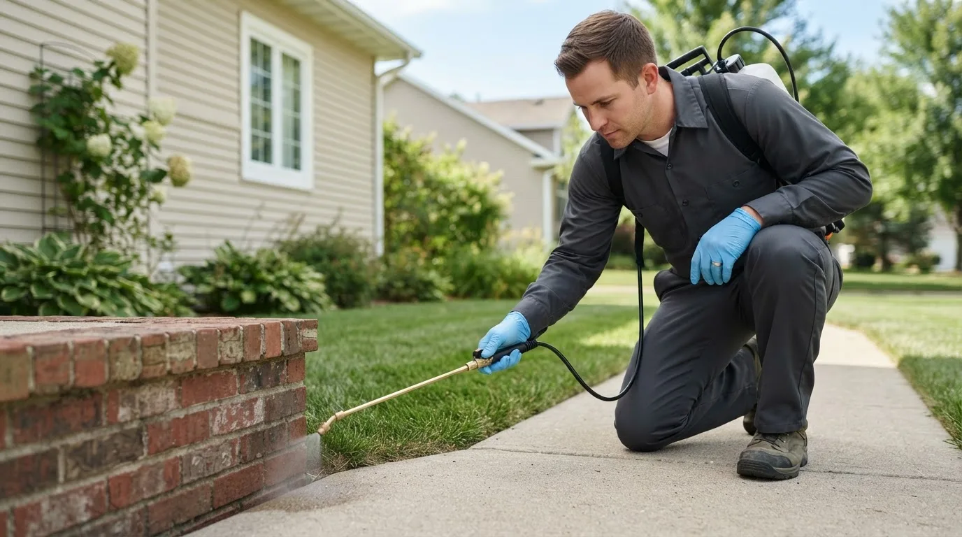 Pest control technician treating a home near Richfield, KS
